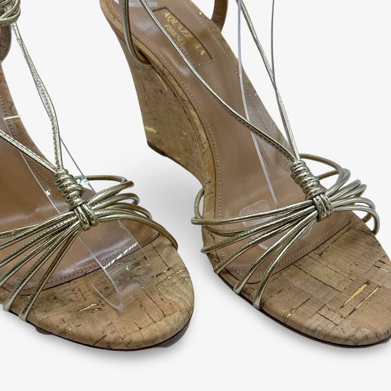 Aquazzura Gold Strappy Cork Wedges