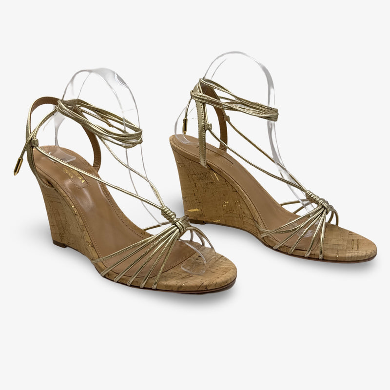 Aquazzura Gold Strappy Cork Wedges