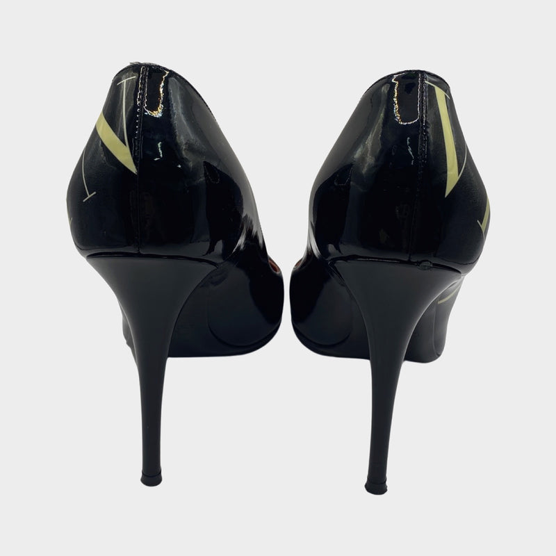 Valentino black patent leather pumps with ecru logo print