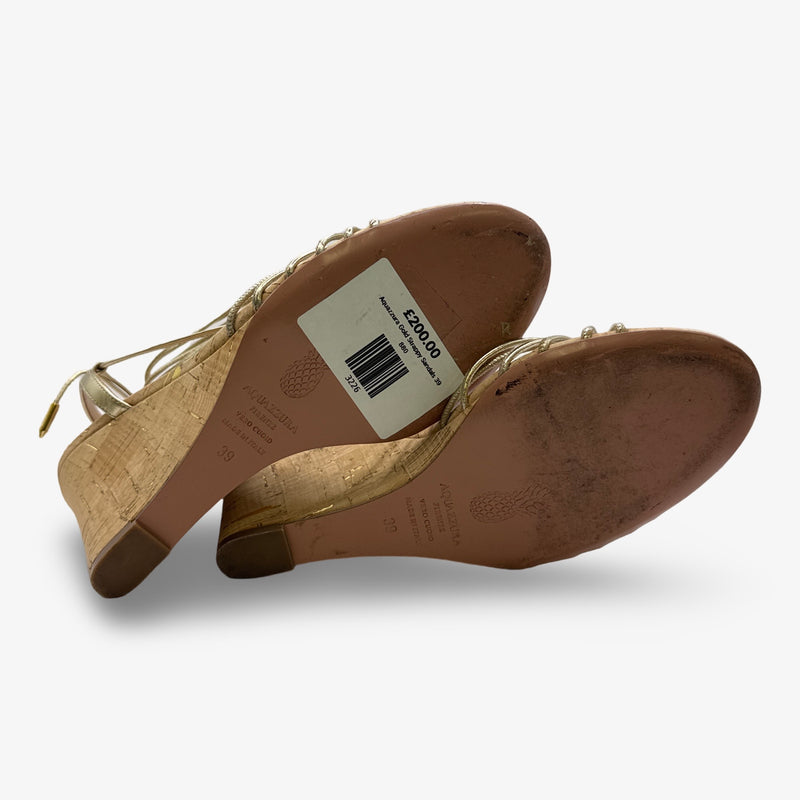 Aquazzura Gold Strappy Cork Wedges