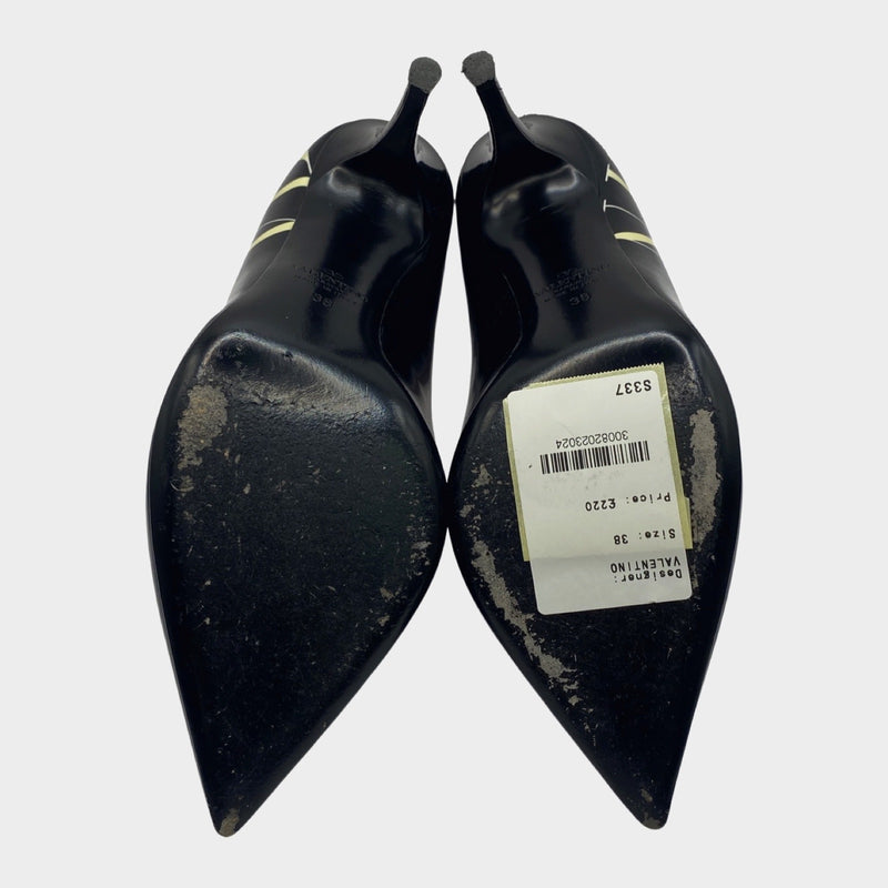 Valentino black patent leather pumps with ecru logo print