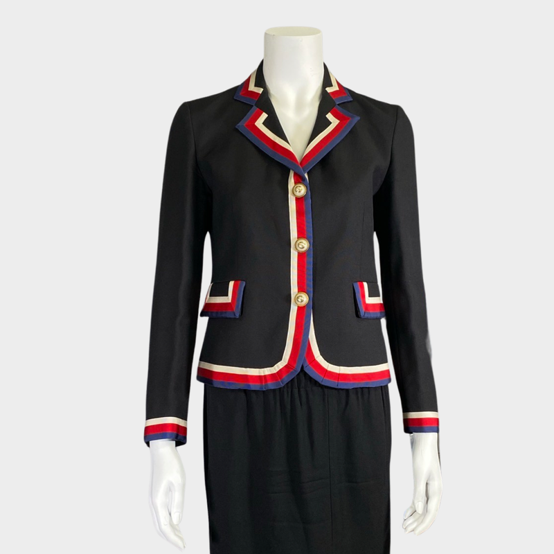 Gucci women's black silk and wool blazer with stripes and gold hardware