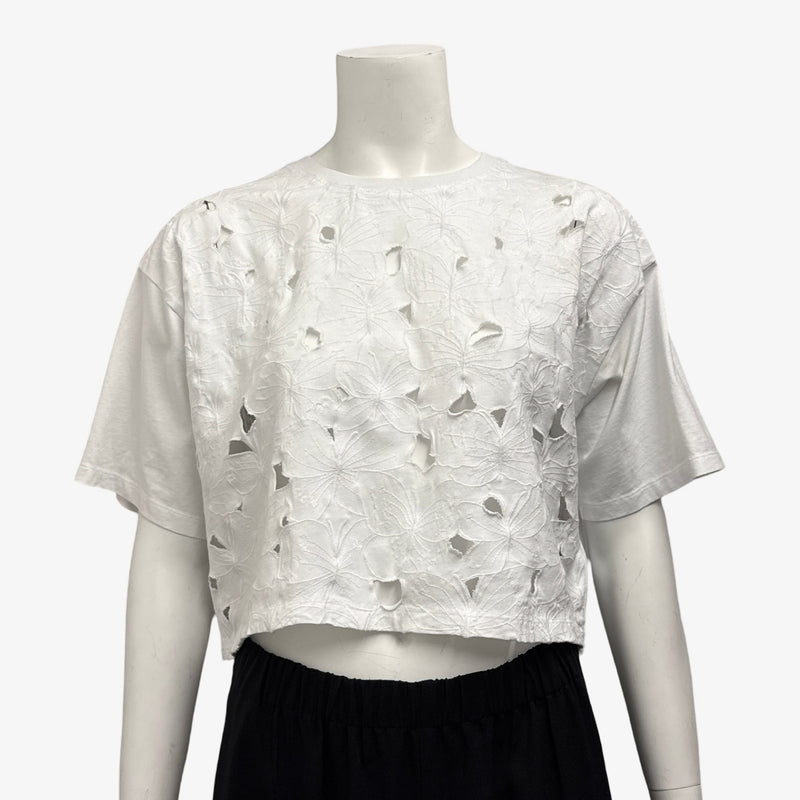 Red Valentino Women's White Flower Embroidery Cropped T-Shirt