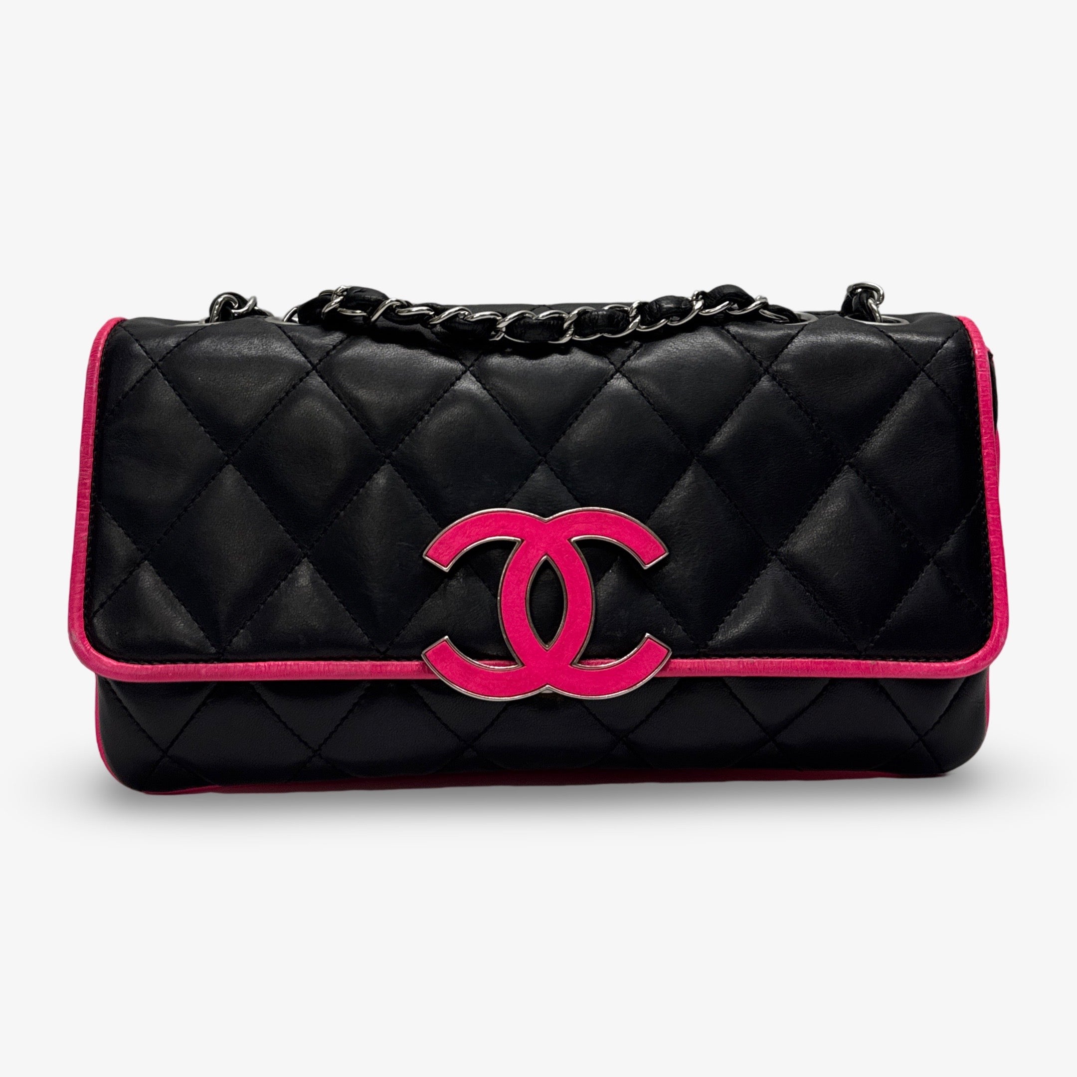Chanel 2008-2009 Classic Flap Black and Neon Pink Envelope Handbag