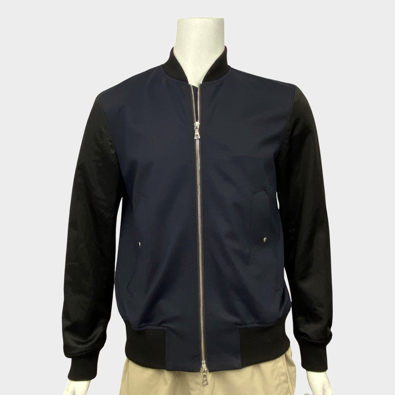 Paul Smith men's navy wool bomber jacket with nylon sleeves