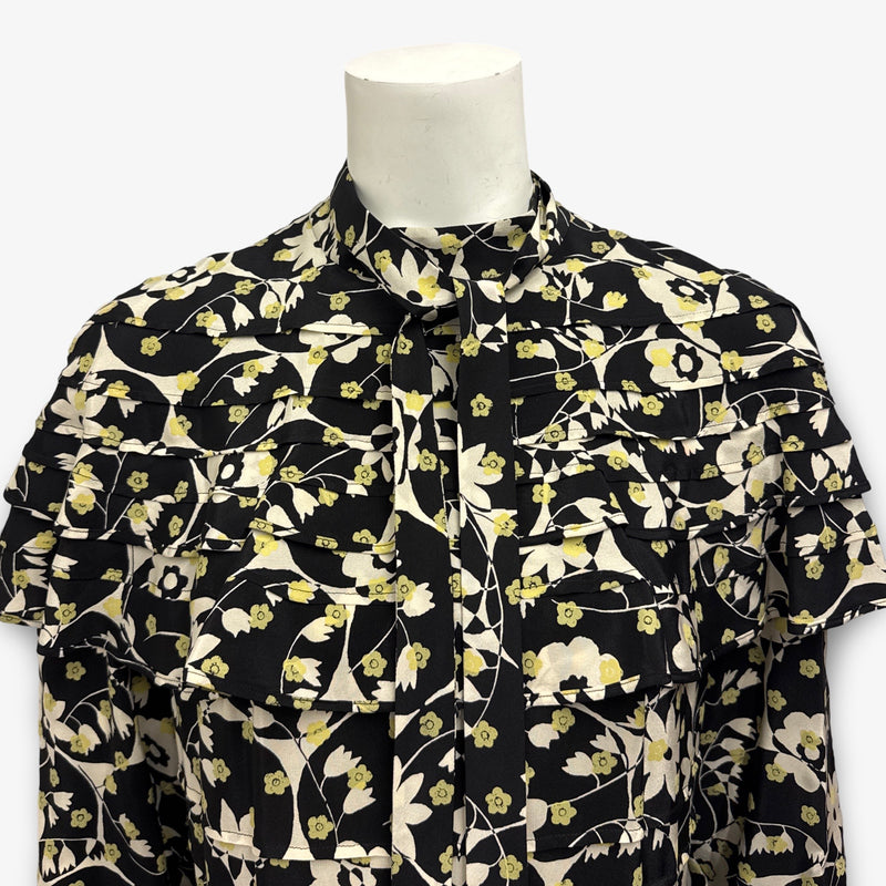 Valentino Black And Green Floral Print Neck Tie Dress
