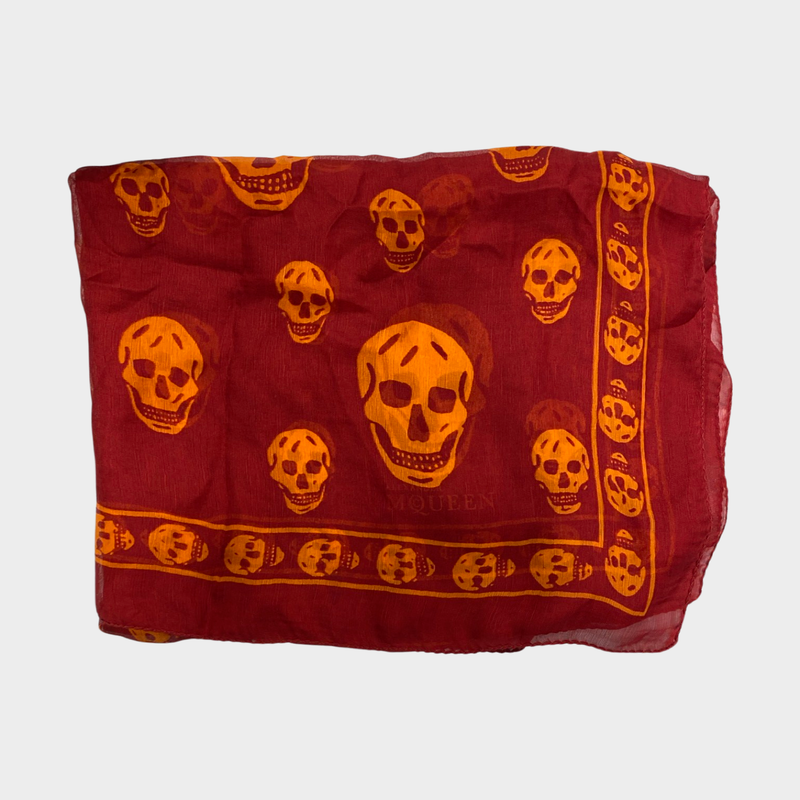 Alexander McQueen red and orange silk skull print scarf
