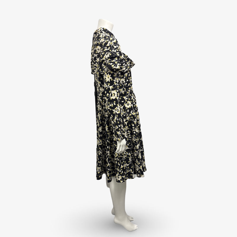 Valentino Black And Green Floral Print Neck Tie Dress
