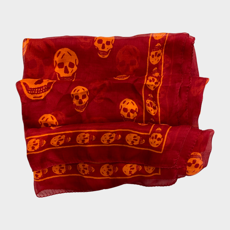 Alexander McQueen red and orange silk skull print scarf