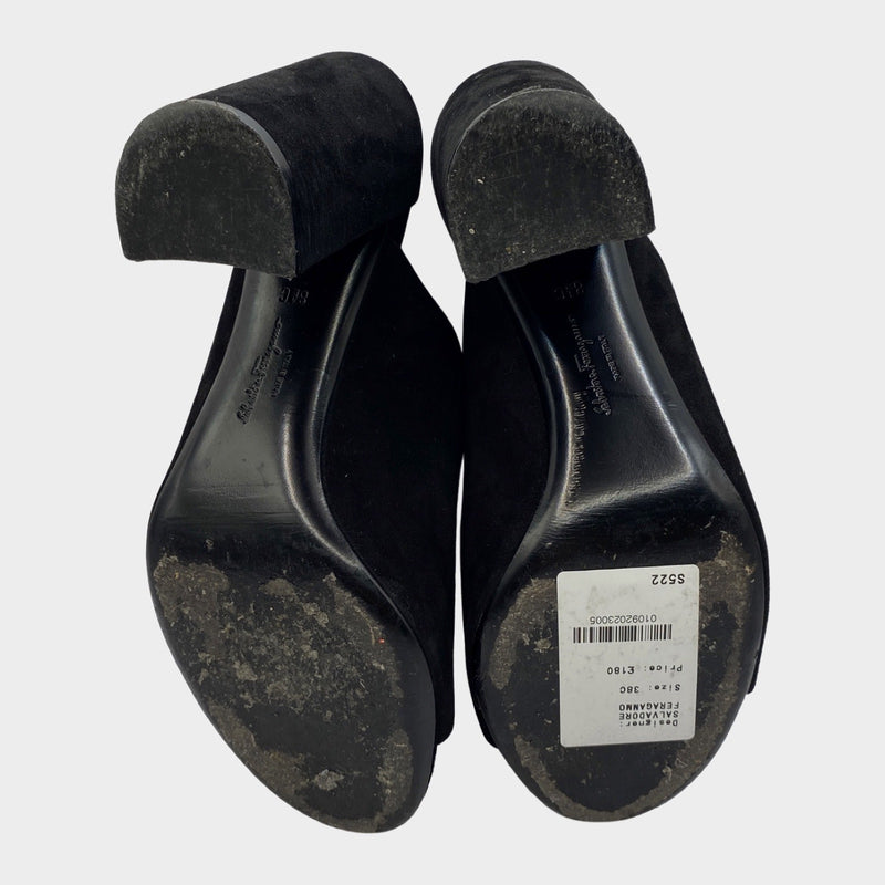 Salvatore Ferragamo black suede open-back mules with bow detail