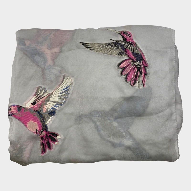 Alexander Mcqueen women's dove grey silk blend scarf with bird embroidery