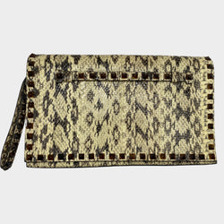 Valentino women's beige and brown python leather Rockstud clutch handbag