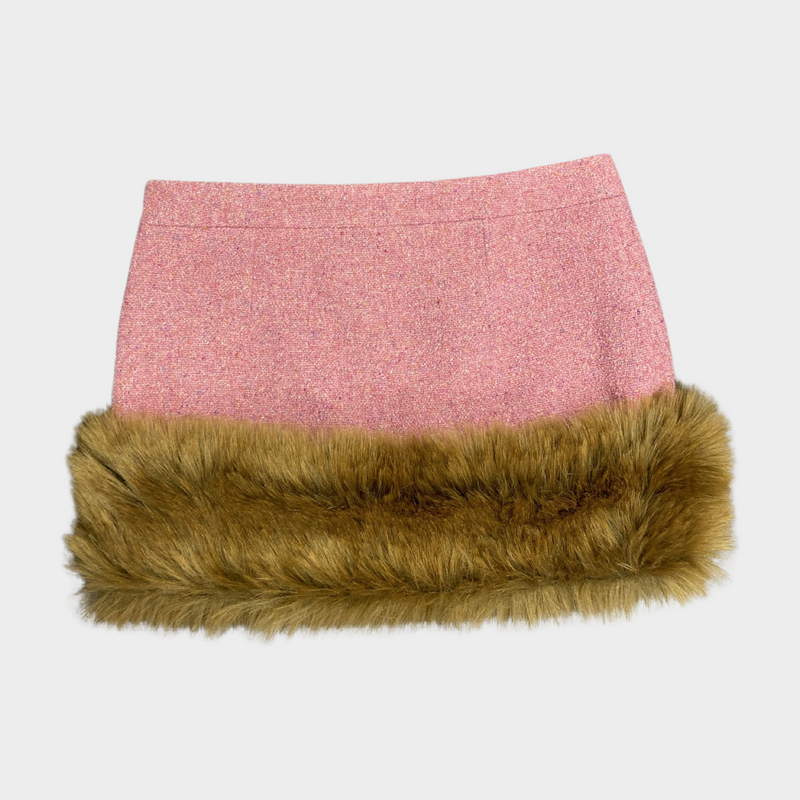 Saint Laurent pink and brown tweed and fur mini skirt