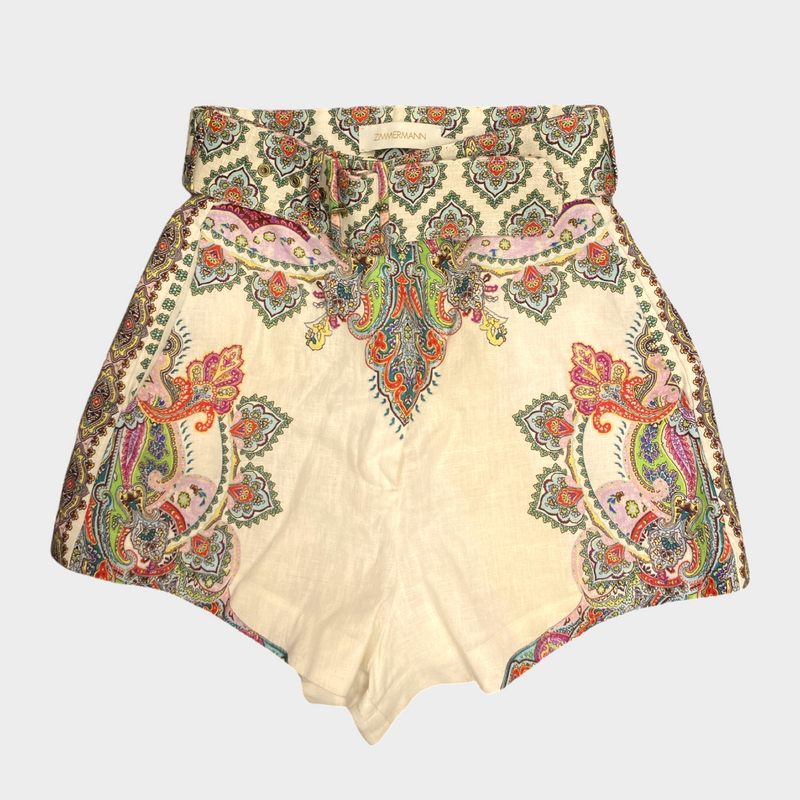 Zimmermann women's ecru cotton belted shorts with multicoloured paisley print