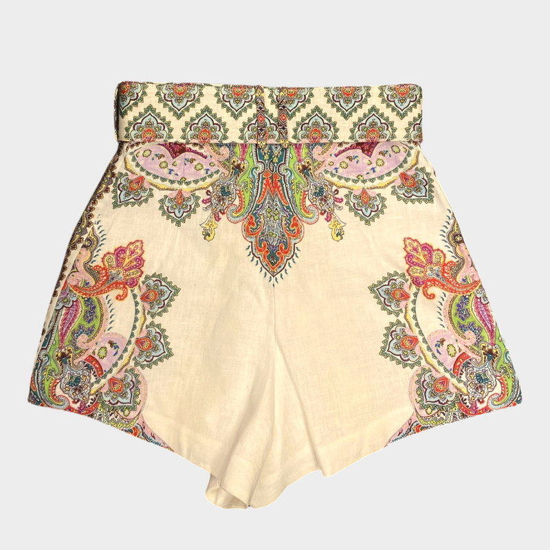 Zimmermann women's ecru cotton belted shorts with multicoloured paisley print