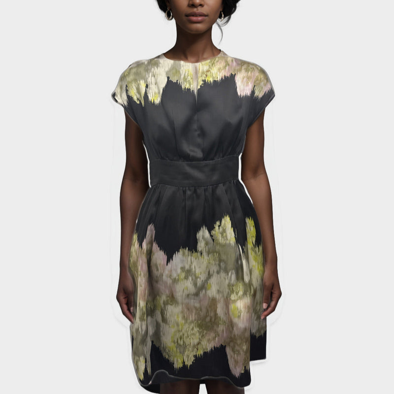 Giambattista Valli Black with Multicolour watercolour floral pattern silk Dress