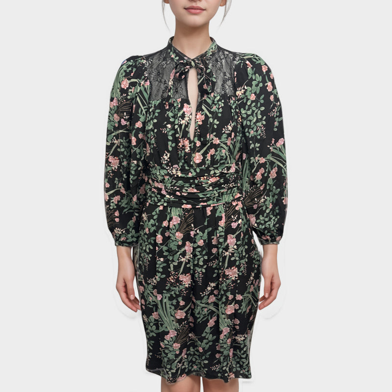 Giambattista Valli Black with pink and green floral print dress
