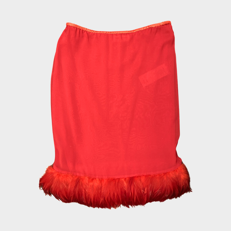 Saint Laurent red silk skirt with feather trims