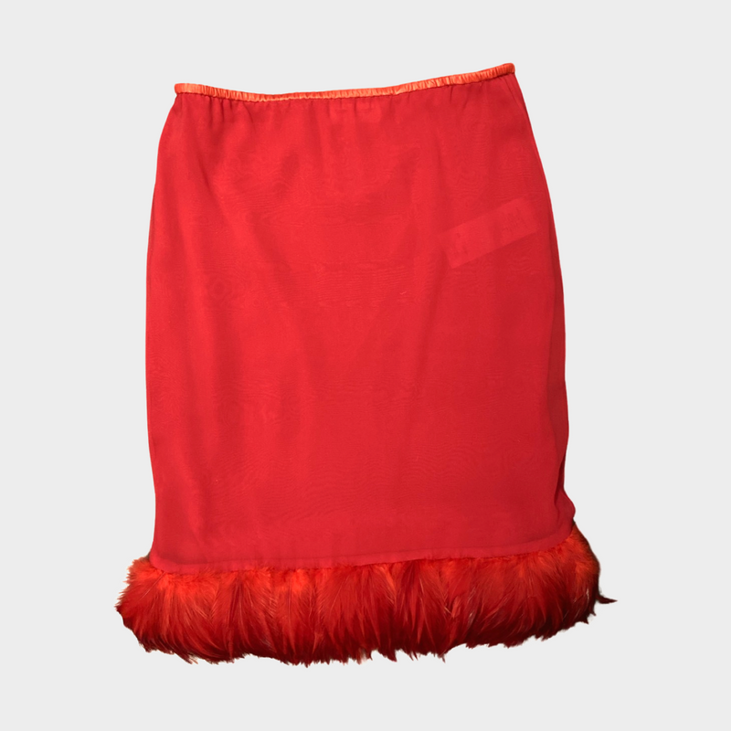 Saint Laurent red silk skirt with feather trims