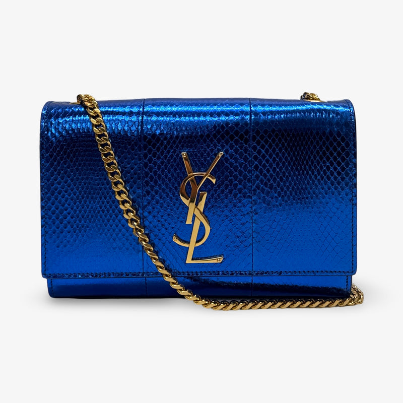 Saint Laurent Kate Monogram YSL Shiny Blue Small Metallic Snake Crossbody Bag