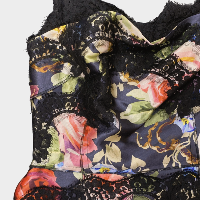 Dolce&Gabbana black and multicoloured silk and cotton floral print mini dress with lace details