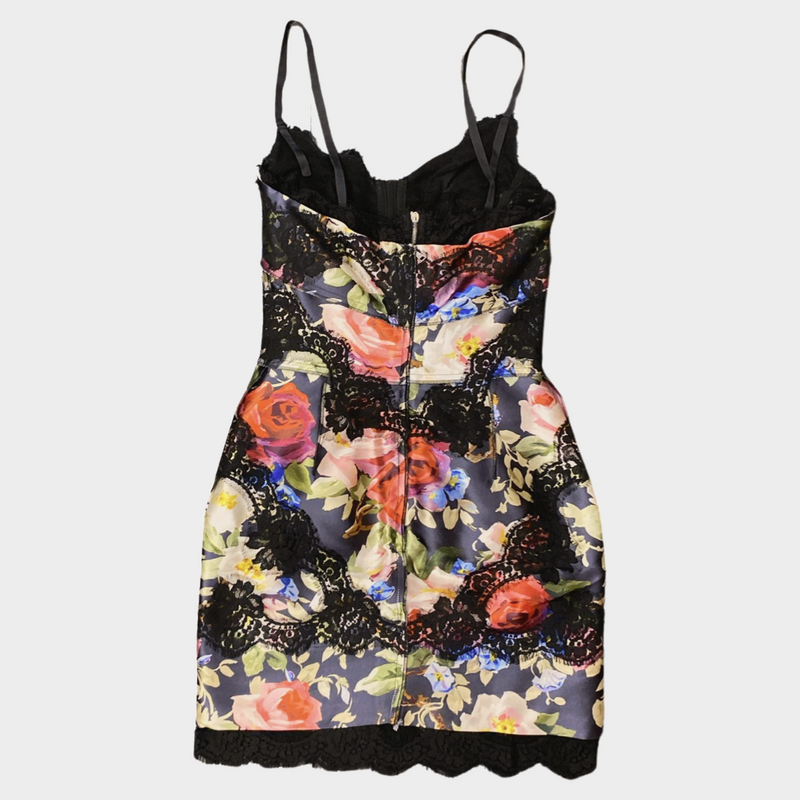 Dolce&Gabbana black and multicoloured silk and cotton floral print mini dress with lace details
