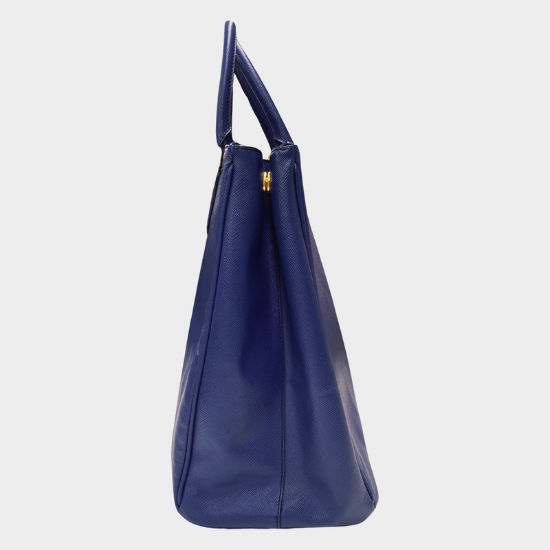 Prada blue leather double-zip saffiano tote bag with gold-toned hardware