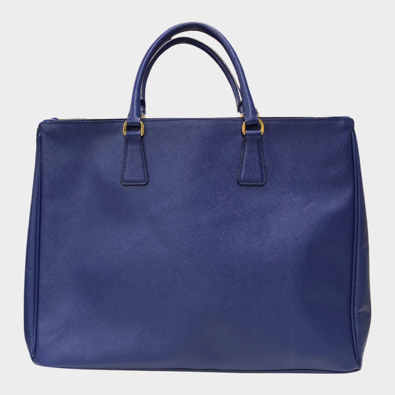 Prada blue leather double-zip saffiano tote bag with gold-toned hardware