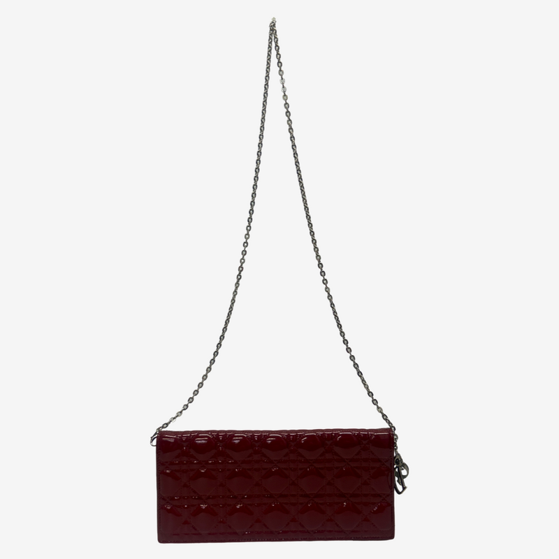 Dior Women's Burgundy Red Patent Leather Lady Wallet On Chain