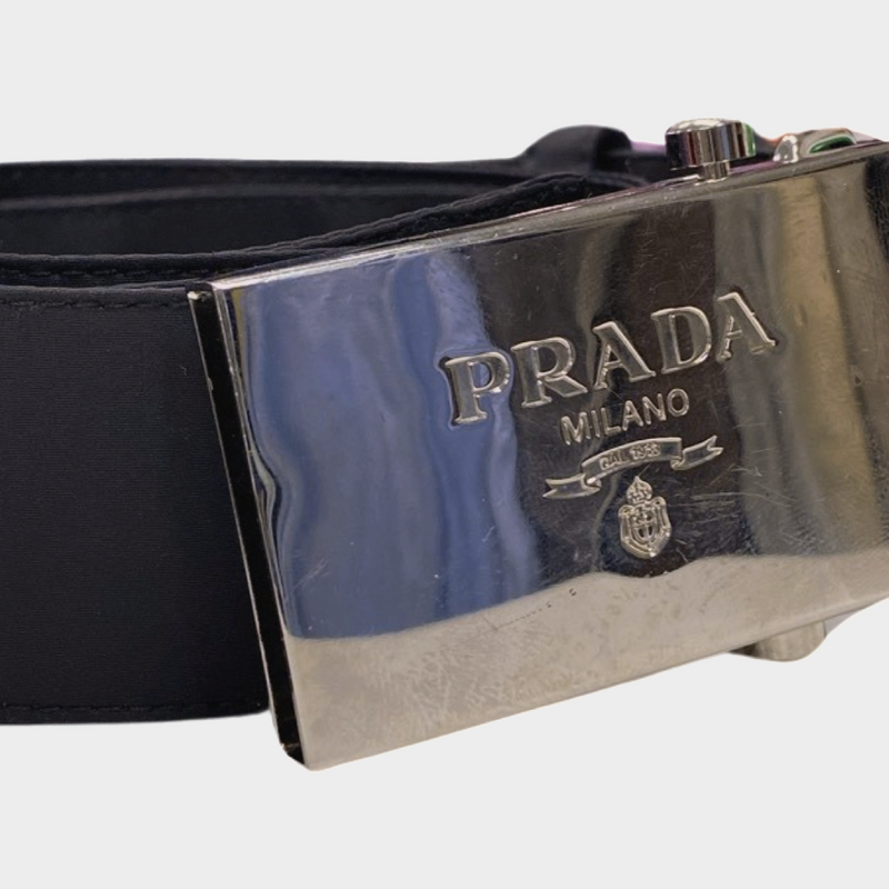 Prada women's black nylon belt with silver metal buckle