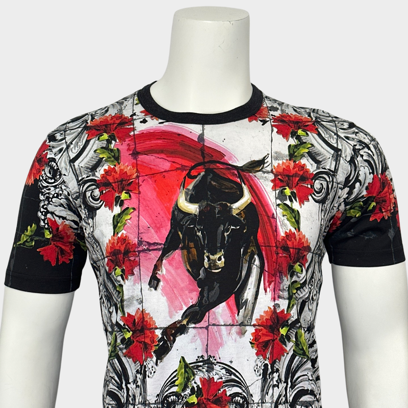 Dolce&Gabbana men's black mosaic and red bull print cotton T-shirt