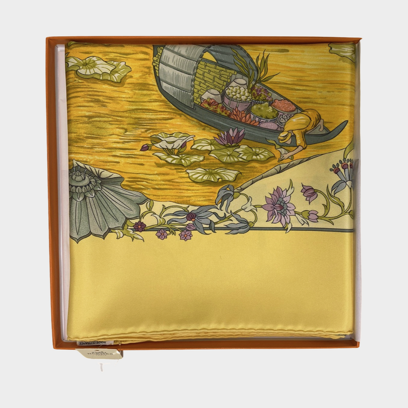 Hermes yellow and multicoloured printed silk scarf