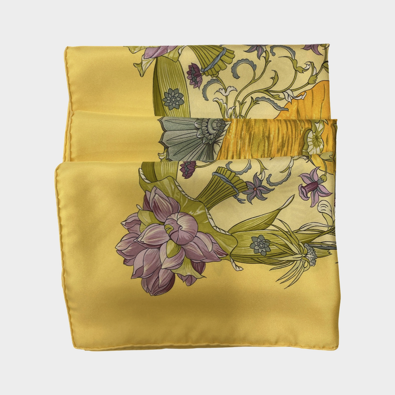 Hermes yellow and multicoloured printed silk scarf