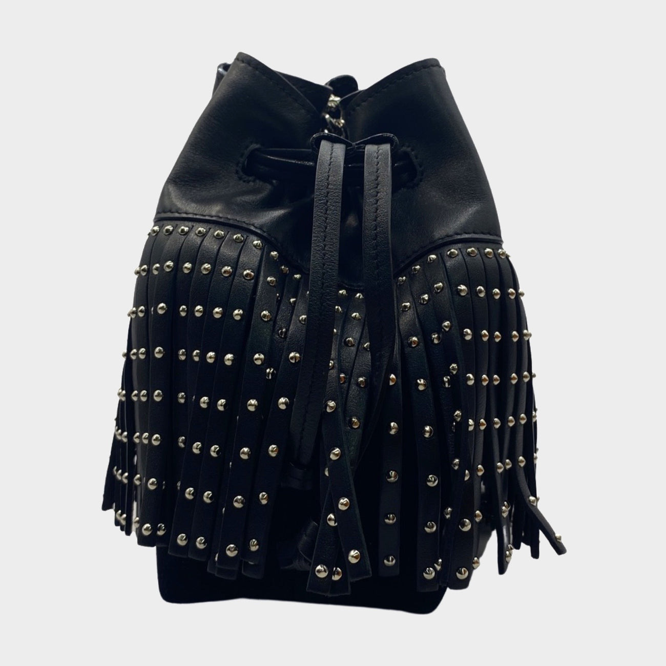 Jimmy Choo black leather Callie drawstring fringed studded bag on a me Loop Generation