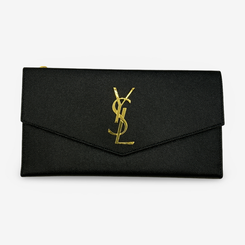 Yves Saint Laurent Women's Black Grained Leather Envelope Wallet Clutch