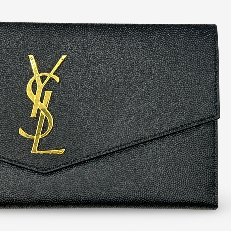 Yves Saint Laurent Women's Black Grained Leather Envelope Wallet Clutch