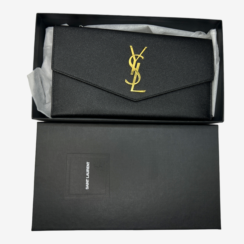 Yves Saint Laurent Women's Black Grained Leather Envelope Wallet Clutch