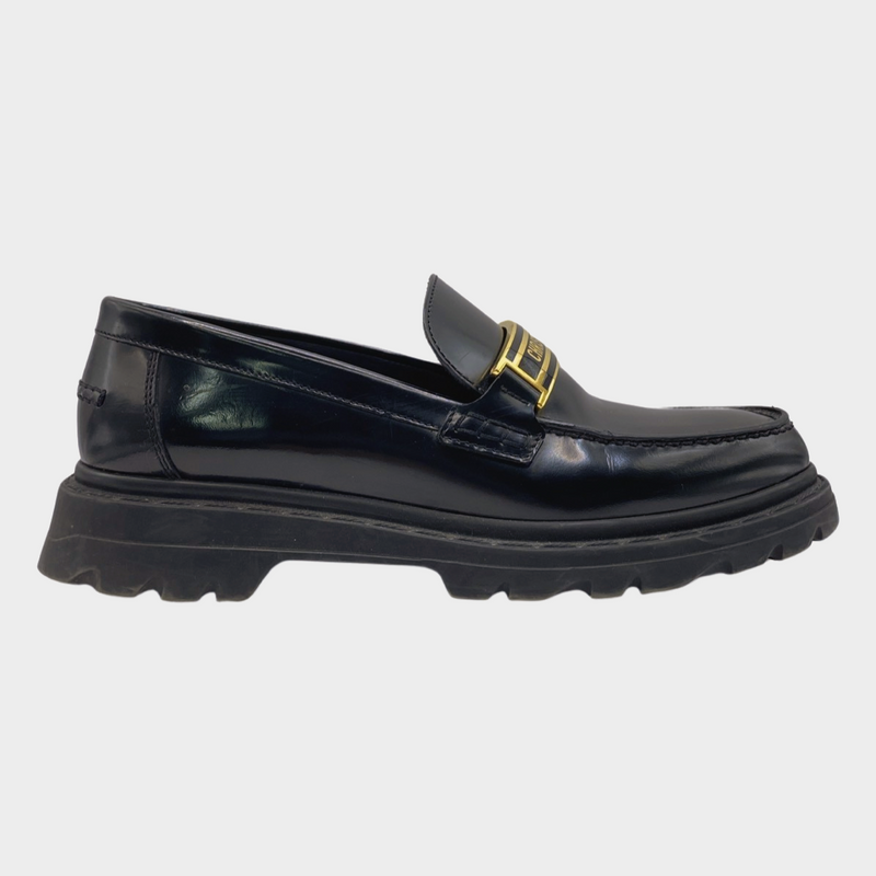 Christian Dior black leather logo loafers with gold hardware