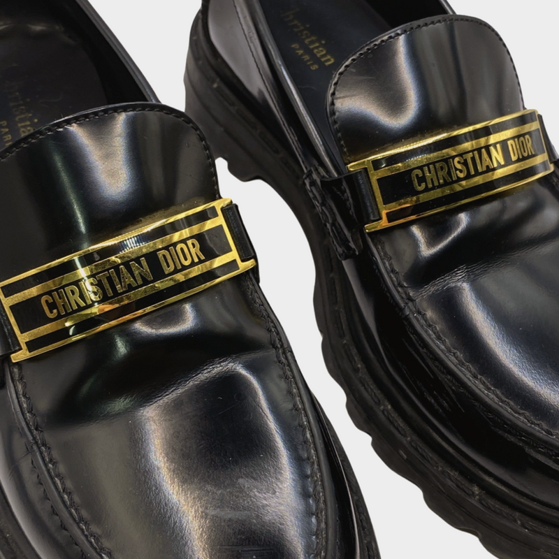 Christian Dior black leather logo loafers with gold hardware