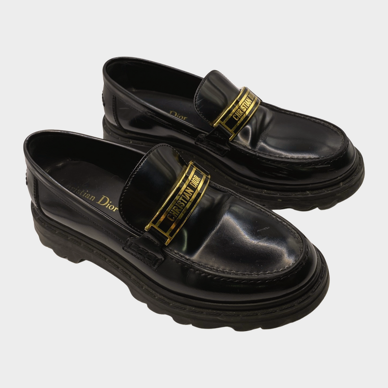 Christian Dior black leather logo loafers with gold hardware