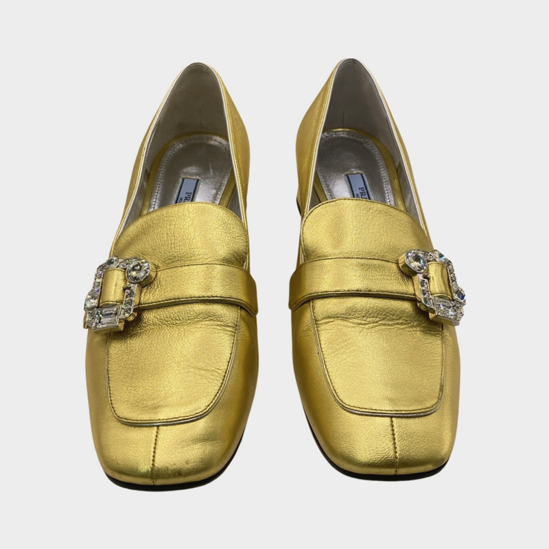 Prada gold leather square-toe pumps with crystal embellishment