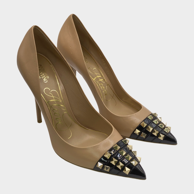 Valentino women's beige and black leather Alcove studded pumps