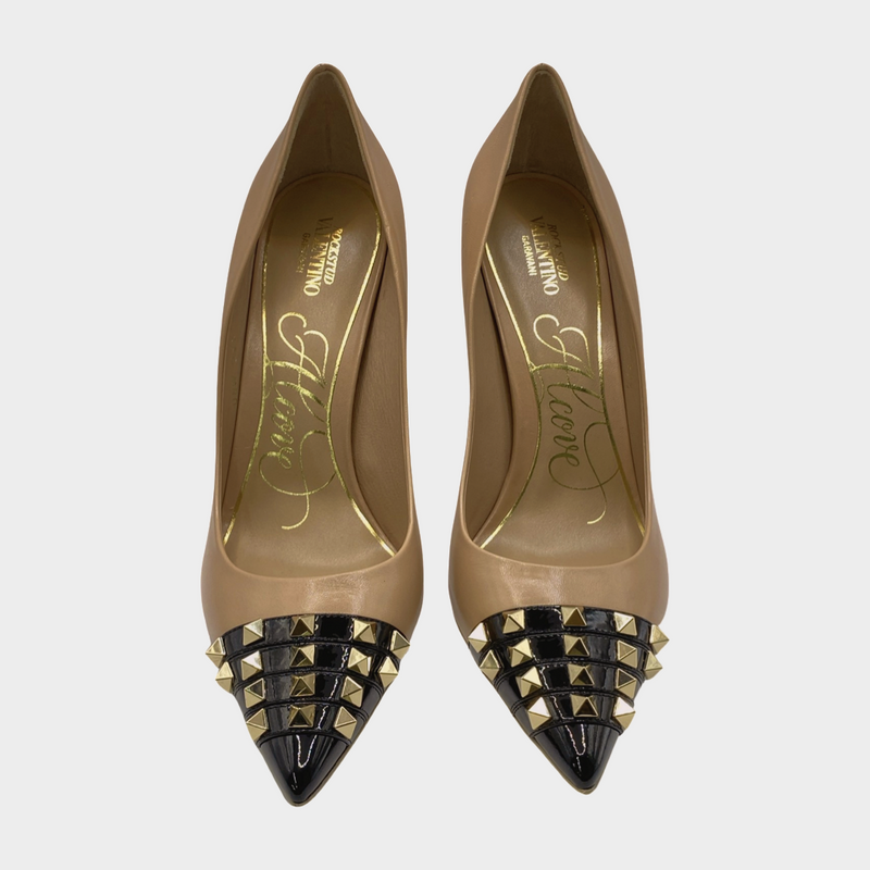 Valentino women's beige and black leather Alcove studded pumps
