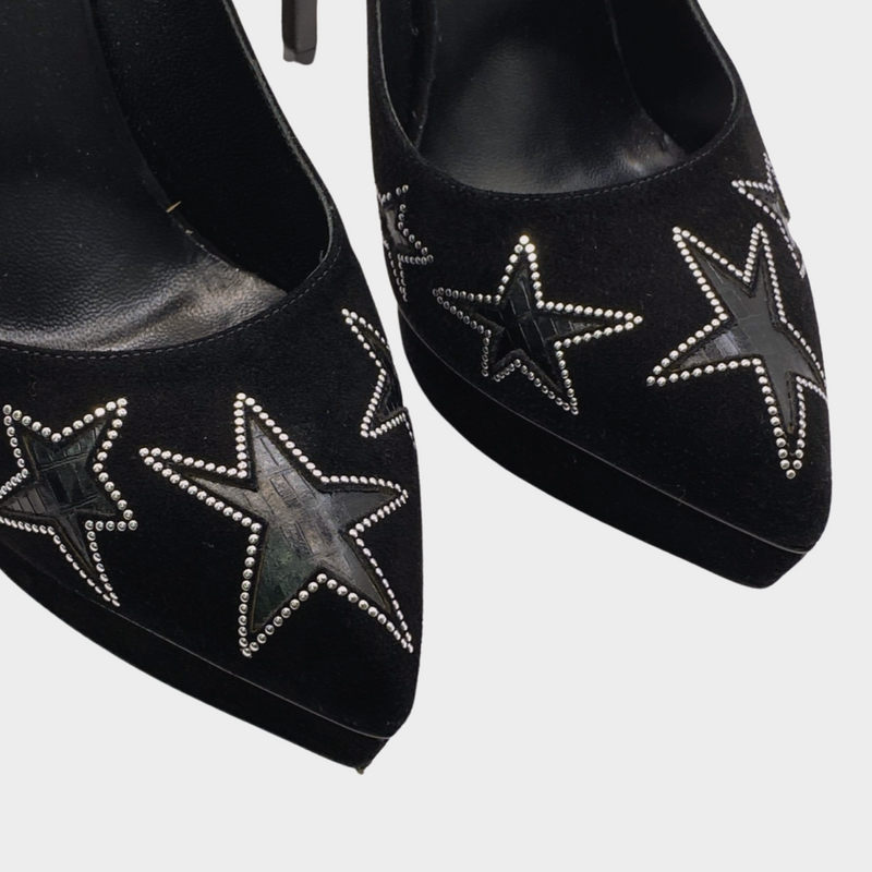 Saint Laurent black velvet star studded platform heels