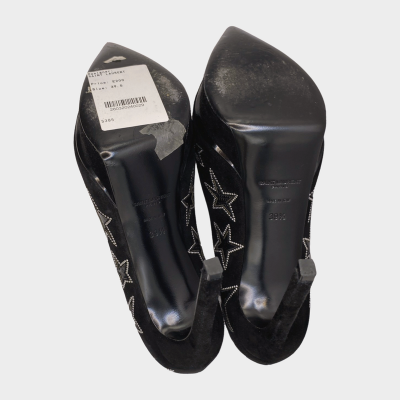 Saint Laurent black velvet star studded platform heels