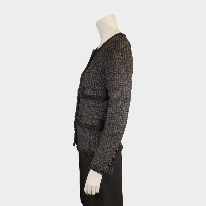 Chanel women's black tweed jacket with red shimmer and gunmetal silver hardware