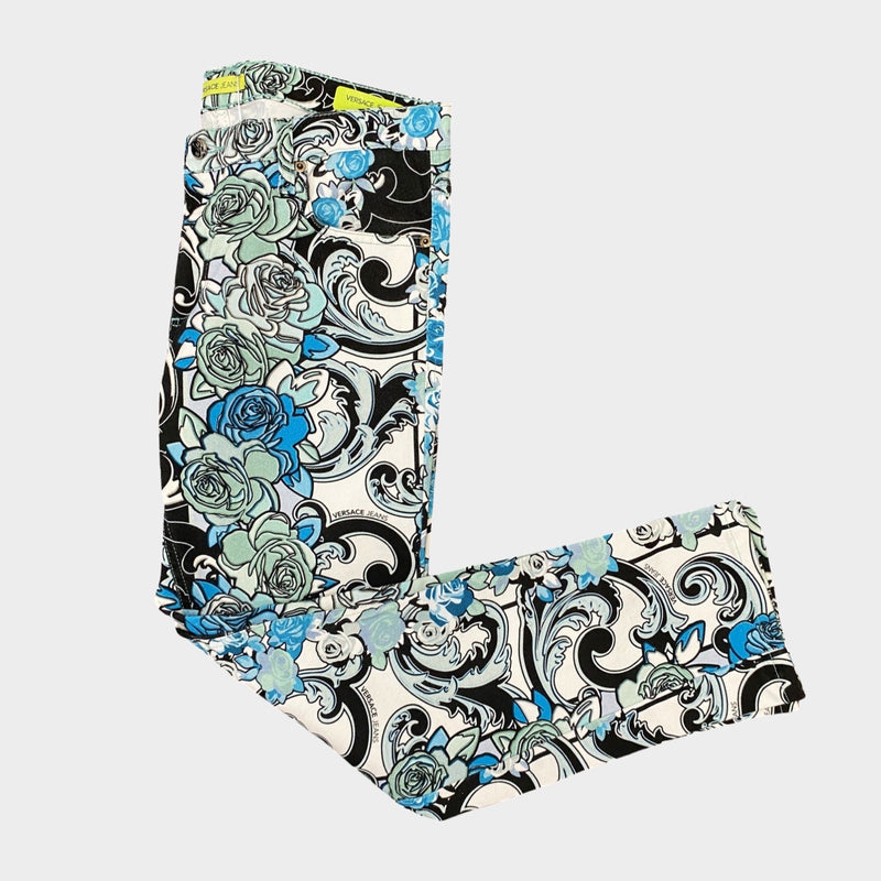 Versace Jeans men's blue white and black floral print jeans