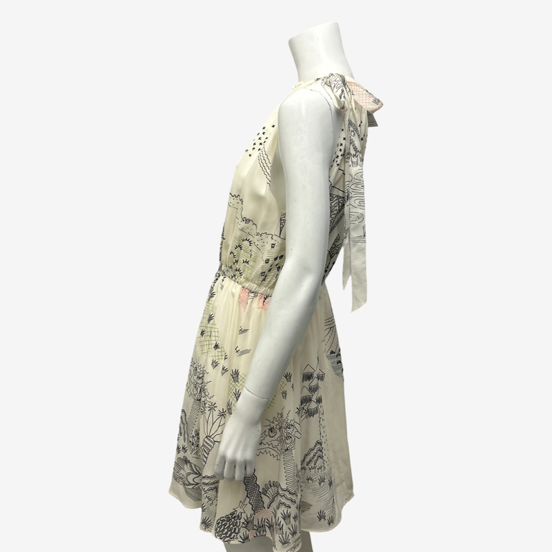 Valentino Ecru Silk Flowy Dress With Abstract Line Art Print