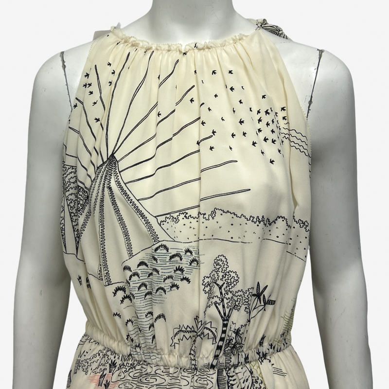 Valentino Ecru Silk Flowy Dress With Abstract Line Art Print