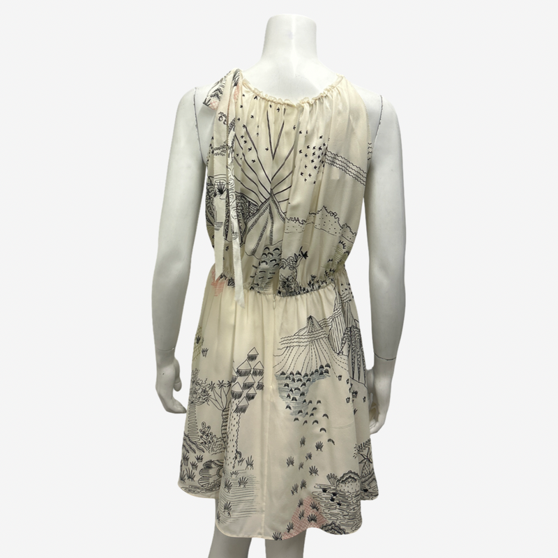 Valentino Ecru Silk Flowy Dress With Abstract Line Art Print